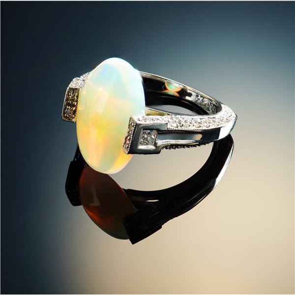 14K White Gold Ring with 3.86ct Opal and 0.75ct Diamond Accents