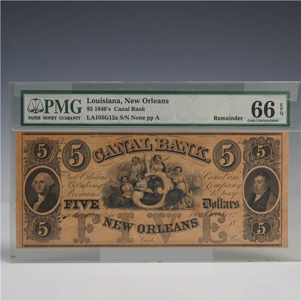 1840s $5 New Orleans Canal Bank Banknote PMG Graded 66 Gem Uncirculated EPQ