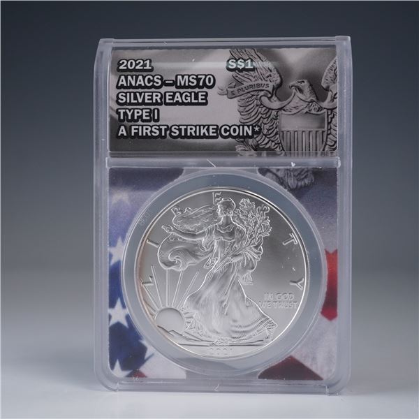 2021 Silver Eagle Dollar Coin, ANACS MS70 Type I First Strike