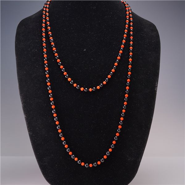 Onyx and Carnelian Beaded Necklace with 14K Gold Clasp