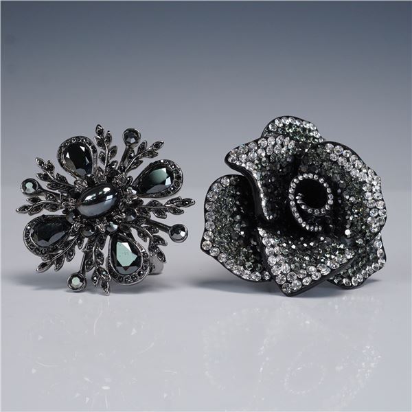 Pair of Glamorous Jet Black & Crystal Costume Brooches Rose & Floral Motif