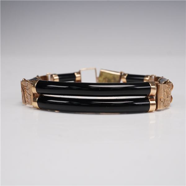 14K Gold and Onyx Engraved Bracelet, Floral and Chinese Character Motifs