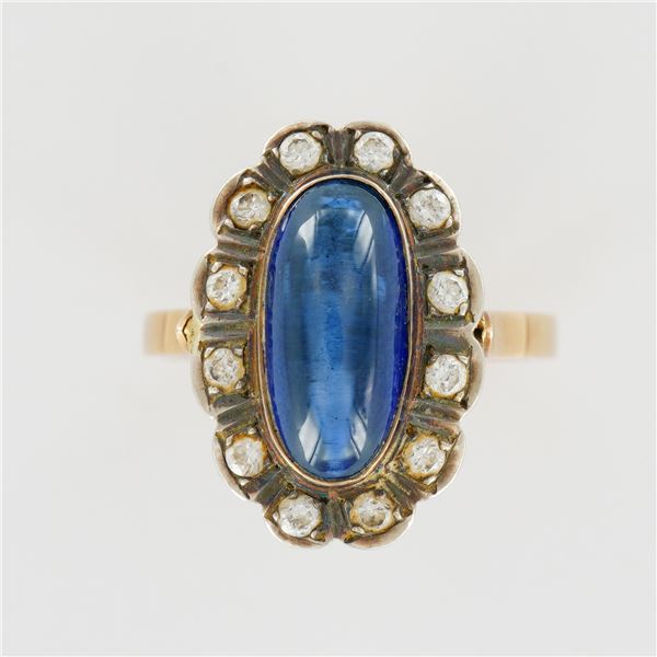 14K Gold Ring with Cabochon Lab Sapphire and Diamond Halo