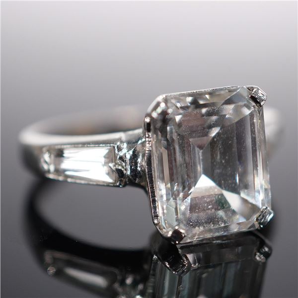 Silver Tone Ring with Emerald Cut Zirconia and Baguette Accents