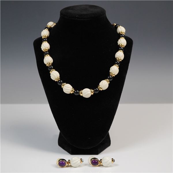 2pc Gold Tone Necklace and Earrings Set with White Beads