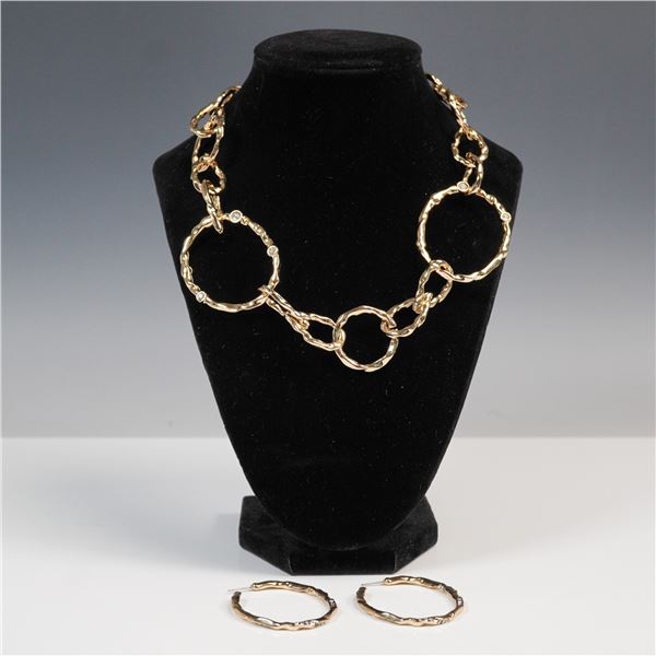 3pc Gold Tone Textured Circle Necklace and Hoop Earring Set