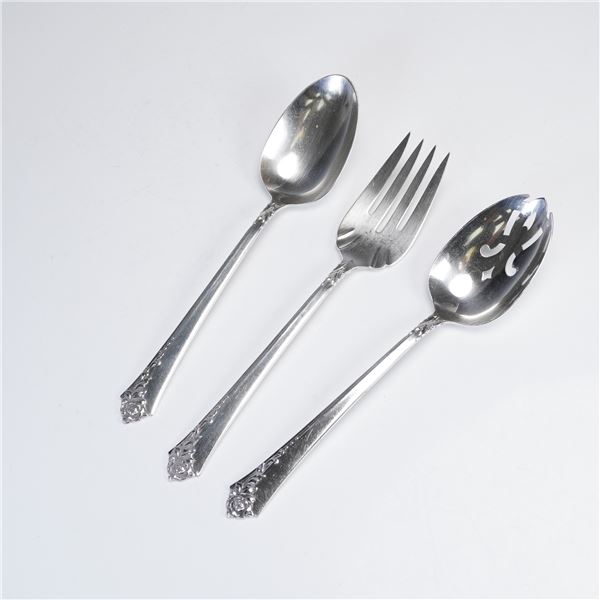 3pc Oneida Heirloom Sterling Silver Damask Rose Serving Spoons & Fork