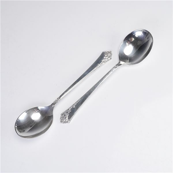 2pc Oneida Heirloom Sterling Silver Soup Spoons, Damask Rose