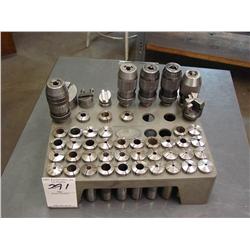 ASSORTMENT R-8 COLLETS, DRILL CHUCKS, FLY CUTTERS, FACE MILL W/RACK