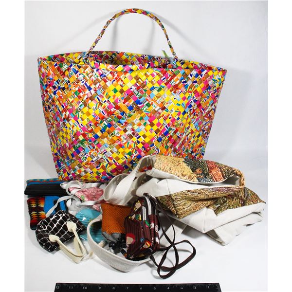 LARGE LOT OF WOMENS PURSES AND SMALL COIN