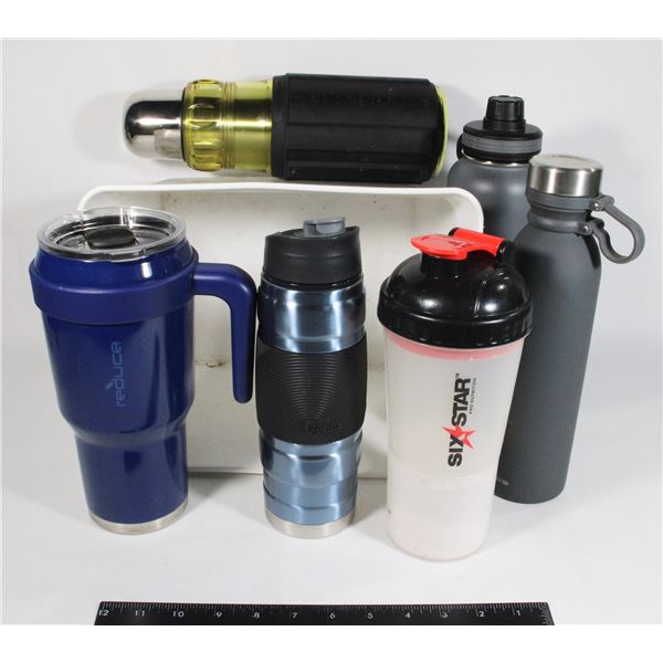 LOT OF USED MISC. TRAVEL MUGS AND WATER BOTTLES