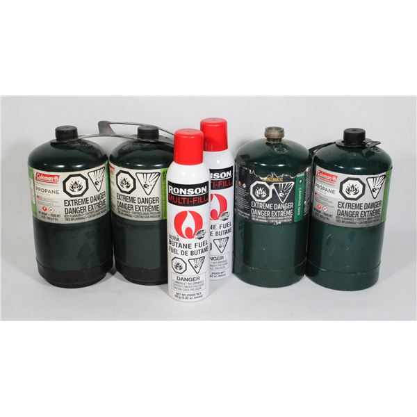 LOT OF SMALL PROPANE AND BUTANE TANKS/REFILLS