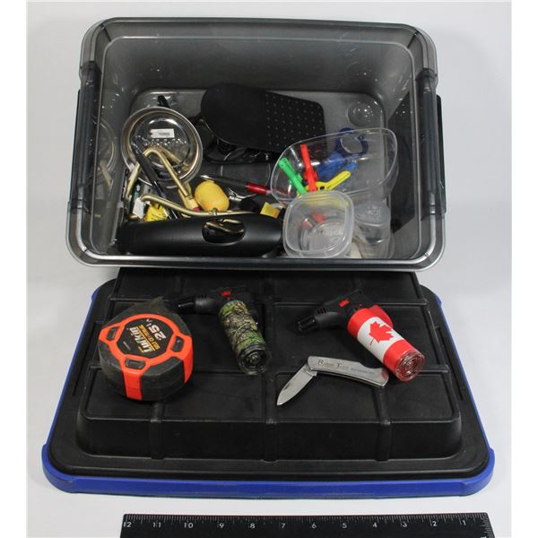 BOX OF ODDS AND ENDS INCLUDING LUFKIN 25'