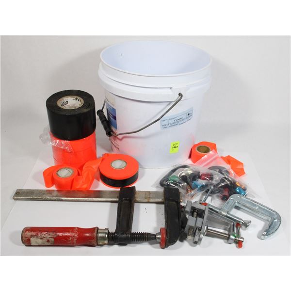 BOX OF ASSORTED TOOLS. CLAMPS, TAPE, AND MORE