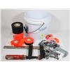 Image 1 : BOX OF ASSORTED TOOLS. CLAMPS, TAPE, AND MORE
