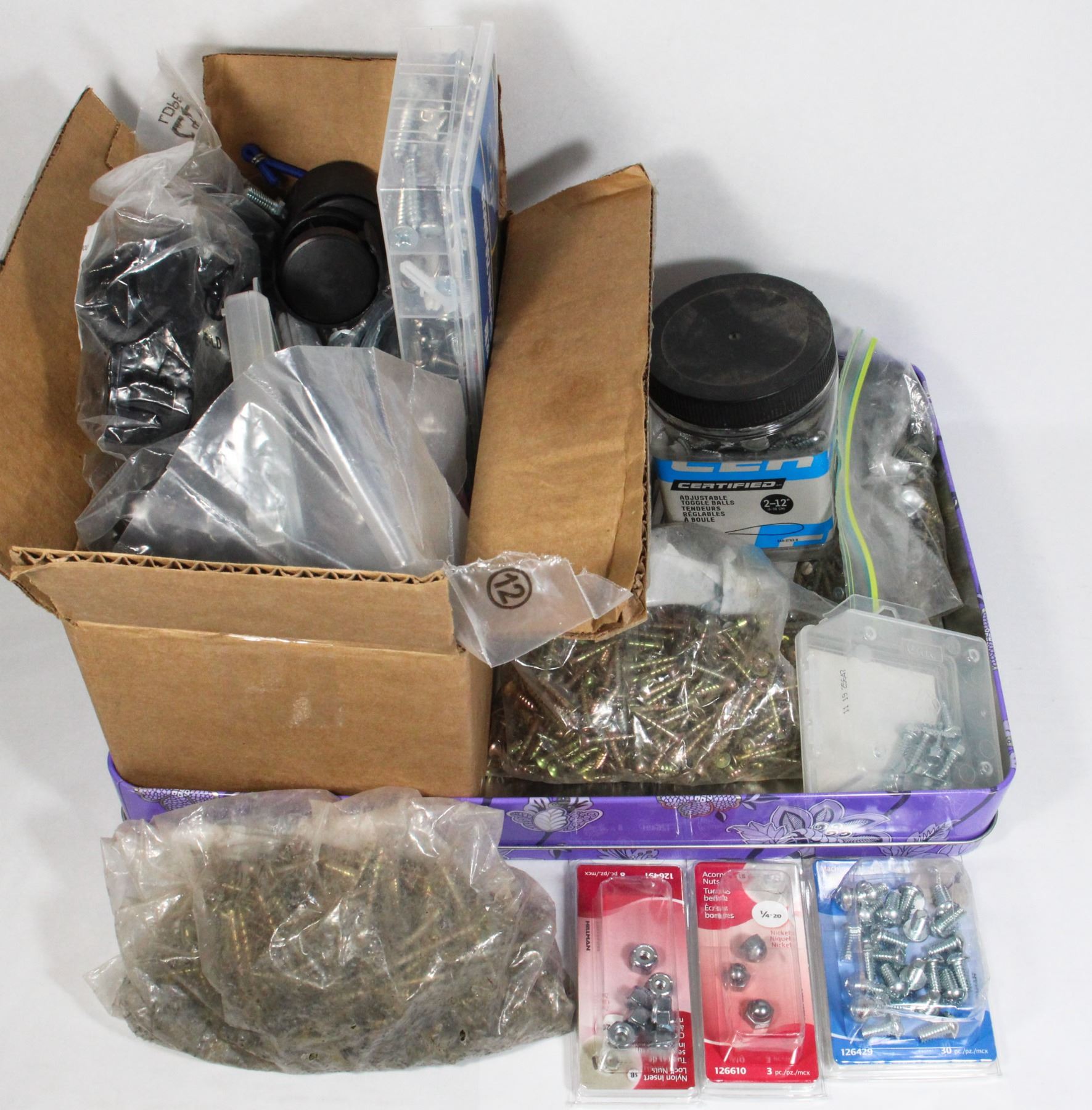 LARGE FLAT OF ASSORTED FASTENERS INCLUDING