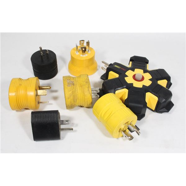 LOT OF RV POWER ADAPTERS AND POWER BARS