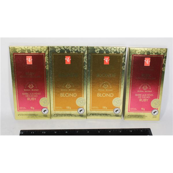 LOT OF 4 PC CHOCOLATE BARS. TWO ARE RUBY COCA BEAN