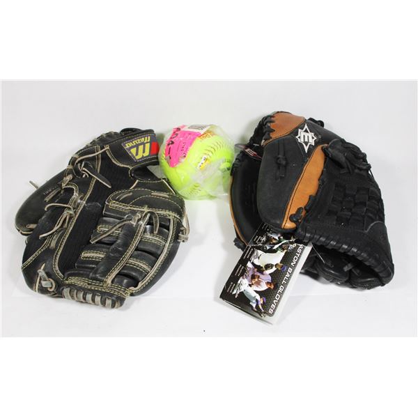 TWO BASEBALL/ SOFTBALL GLOVES AND SOFTBALL