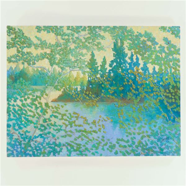 J. Hamm — Lakeside Through Aspen, 2002 (oil on canvas)