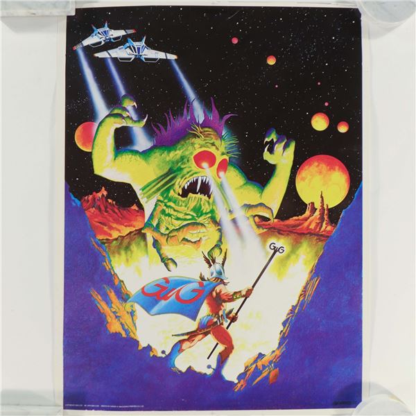 Space Fantasy/Arcade Poster — ‘GG’ Hero vs. Laser‑Eyed Monster (