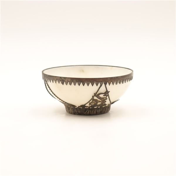 Chinese Carved White Jade Bowl with Applied Silver Mounts, Republic Period (c. 1920s–1930s)