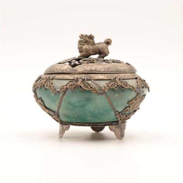 Chinese Carved Jade Censer (Incense Burner) with Silver Filigree Mounts, Republic Period (c. 1920s