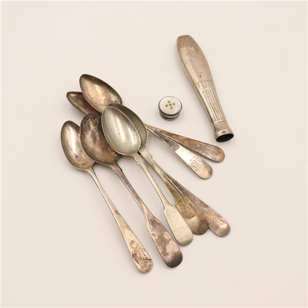 Mixed Antique Silver Spoons & Small Silver Items (Various Hallmarks, incl. English & Continental)