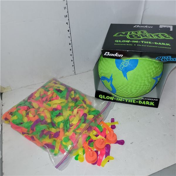 Large Ziploc Baggie of Water Balloons and Fill Lids + New Gow In The Dark Utility Ball