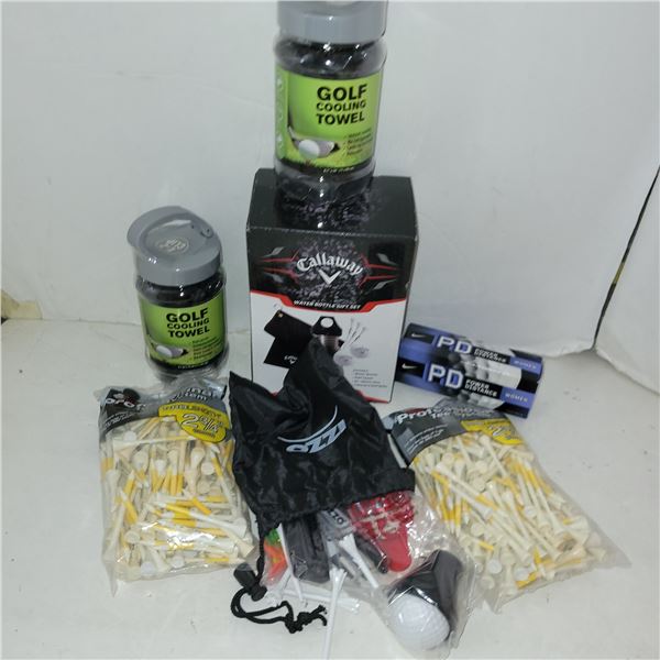 Lot of New Golf Items - Tees, Ball, Towels, Gift Set