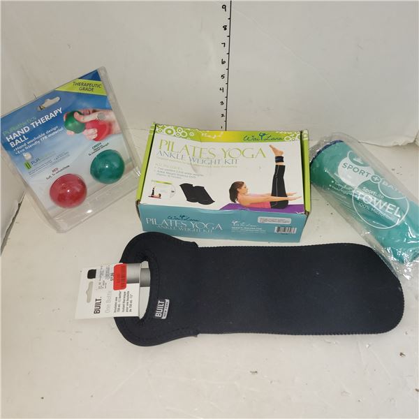 Lot of Exercise Accessories - Hand Balls, Yoga Weight Kit, Sweat Towel, Water Bottle Bag