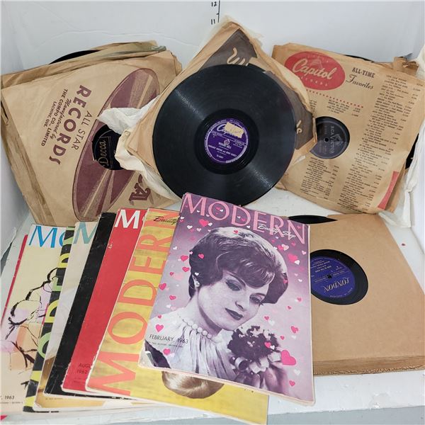 Lot of Old 78 Records, 1 Edison Record and 1960s Hairdressing Magazines