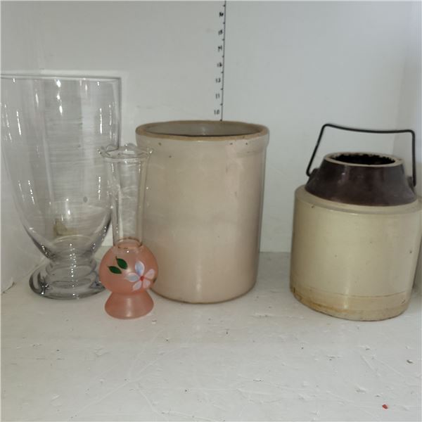 Hurricane Glass Vase, 2 Vintage Stoneware Crocks, Frosted Pink Vase