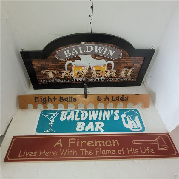 Lot of 3 Signs + 1 Pool Cue Holder