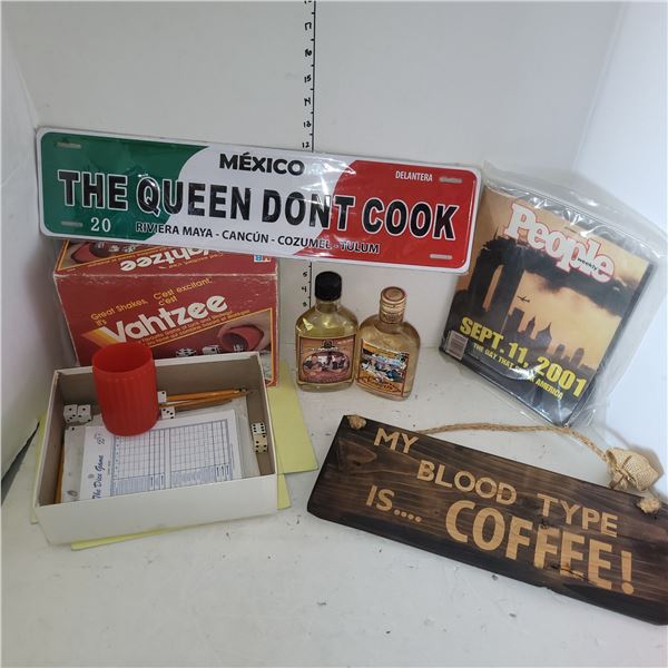 9/11 Magazine, Vintage Complete Yahtzee Game, Wooden Sign, Collectible Tequilla Bottles w/ iquid