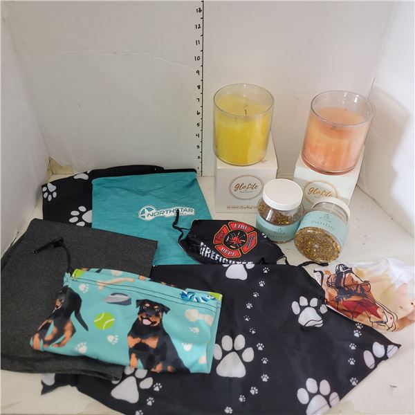 Lot of Party Lite Items & New Neck/Face Gaiters, Masks Etc