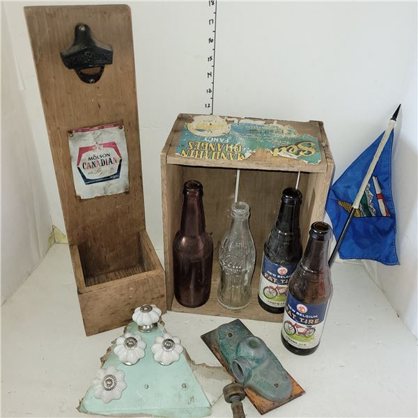 Molson Canadian Wall Mount Bottle Opener, Wooden Crate with Bottles, Vtg Hardware, Sprinkler