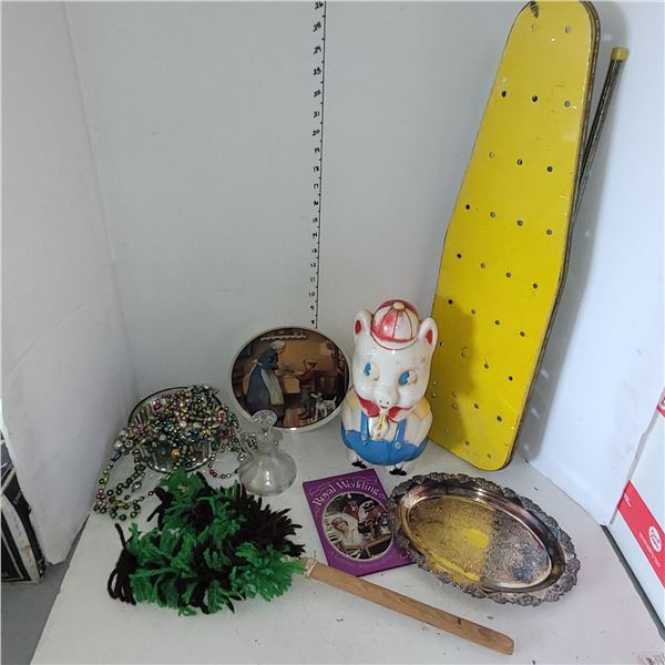 Vintage Estate Items - Small Iron Board, 1940s Piggy Bank, Beads, Plate, Duster, Silverplate Tray