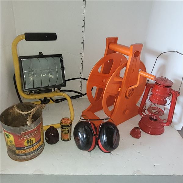 Work Light, Ear Muggs, Cord Reel, Lantern, Old Tin +