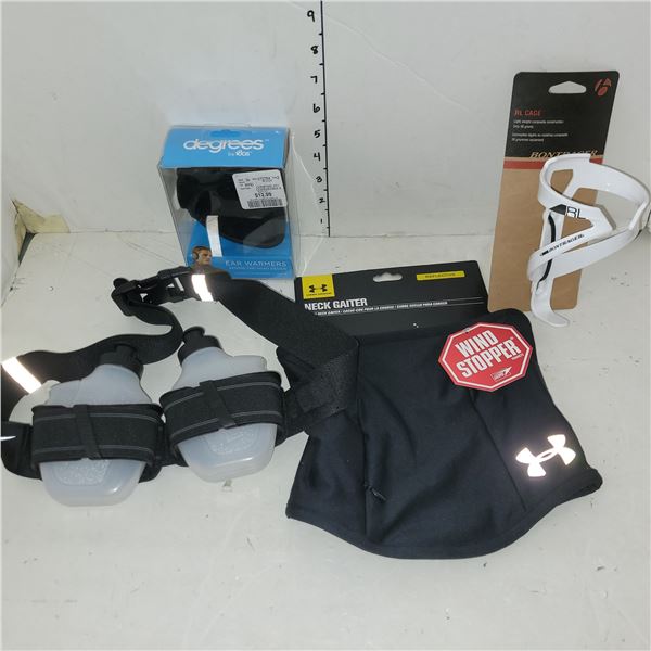 Lot of New Sporting Accessories - Under Armor Gaiter, Ear Muffs, Bike Water Bottle Rack +