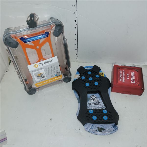 Lot of New Outdoor Accessories - Waterproof Gear Box, Ice Cleats XL, Emergency Drinking Cup