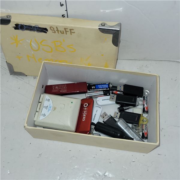 Box of Various USB's, Batteries, Etc