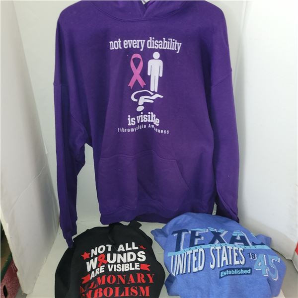 Lot of 3 Hoodies - Fibromyalgia, Pulmonary Embolisn & Texas
