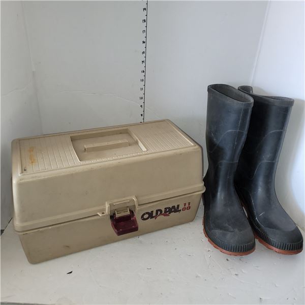 Fishing Tackle Box w/ Contents & Rubber Boots Sz 9 (mens)