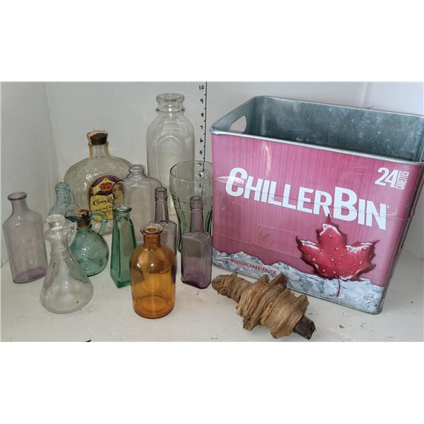 Lot of Antique Coloured Glass Bottles, Chiller Bin +