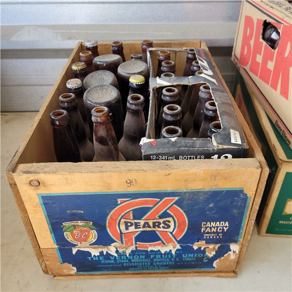 OK Pears Wooden Crate w/ Vintage Beer Bottles