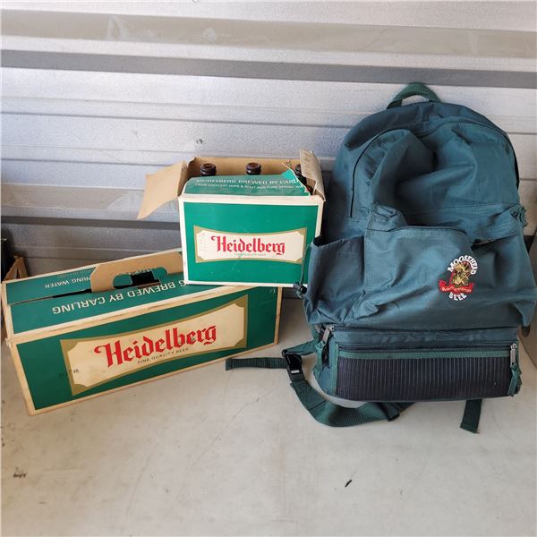 Lot fo 3 Vintage Heidelberg Beer Bottles + Moosehead Back Pack with Cooler