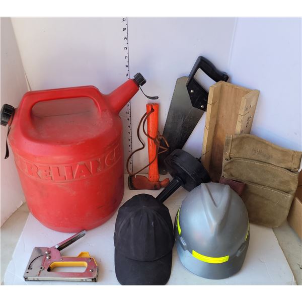 Reliance Gerry Can, Emergency Hatchet, Mitre Saw Box, Tool Belt, Hard Hats, Stapler, Snake