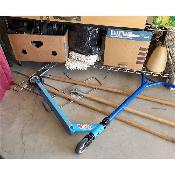 Shelf of Random Passed Lots + Scooter, Mop Handles, Baby Gate