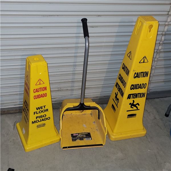 Lot of 2 Caution Wet Floor Cones + 1 Commercial Standing Dust Pan